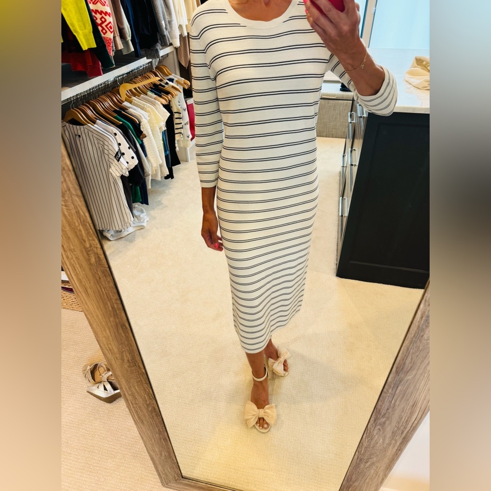 Theory Black & White Ribbed Striped Midi Dress with 3/4 Sleeves Size Large